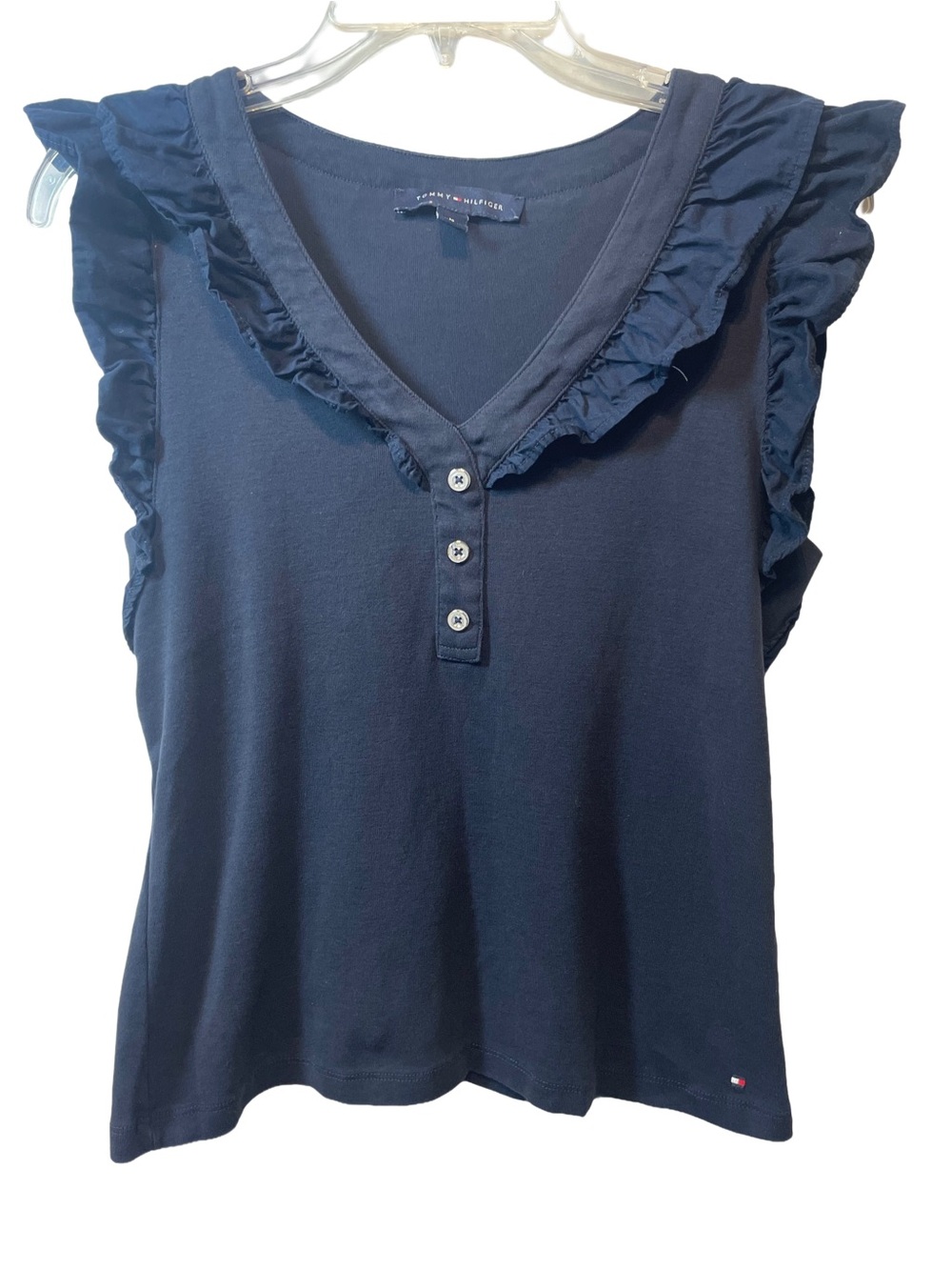 Tommy Hilfiger Navy Ruffle V-Neck Sleeveless Top Women’s Size Medium